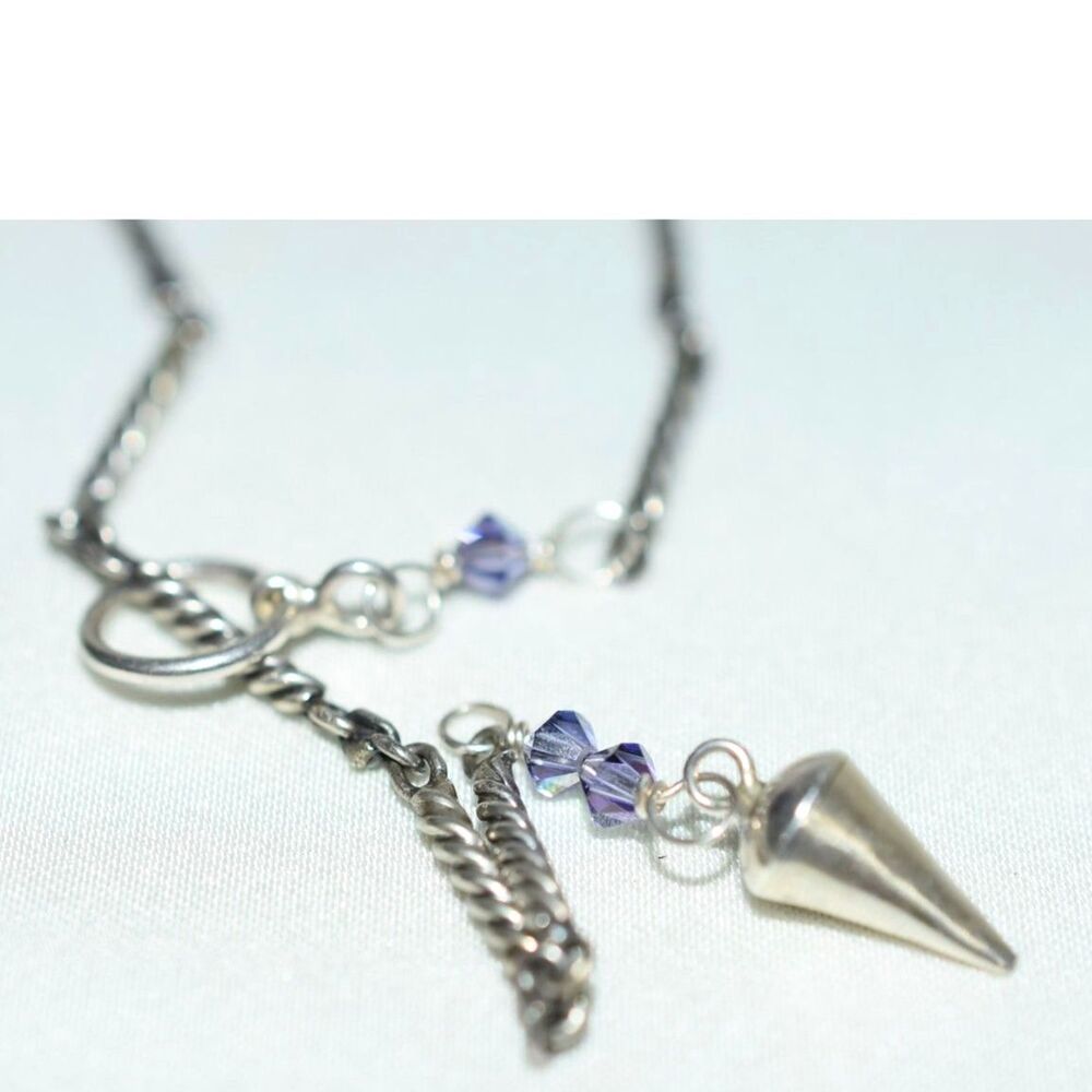 Unique Eye Catching Silver Tone Links Blue Crystals Pendulum Toggle 18" Necklace